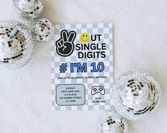 Editable Peace Out Single Digits Birthday Party Invitation, Gamer, Rad Smiley Face, Any Age, Canva Template