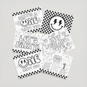 May include: A collection of white square cards with black and white checkered borders. Each card features a unique design with text like "Ashton is One Happy Dude" and "Let's Party!" along with smiley faces, lightning bolts, and stars. The cards are designed for coloring.