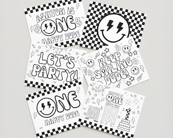 Personalize One Happy Dude Coloring Pages, Rad Checkered Print, Retro Smiley Face,  First Birthday Activity Sheets, Canva Template 1D800