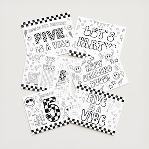 May include: A collection of white birthday cards with black text and graphics. The cards feature phrases like "FIVE IS A VIBE" and "LET'S PARTY", along with smiley faces, stars, and lightning bolts. The cards have a checkered border.