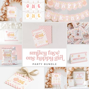May include: A party bundle with a smiley face theme. Includes banners, invitations, signs, and treat labels. The colour scheme is pink, white, and yellow. The text "Smiley Face One Happy Girl Party Bundle" is visible.