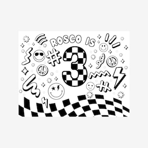 Peut inclure: Graphique en noir et blanc avec le texte "Rosco is 3". Le chiffre 3 est en damier. Le design comprend des visages souriants, des éclairs, des signes de paix et d'autres éléments décoratifs.