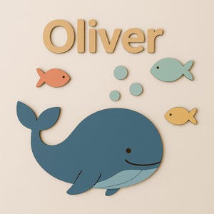 Personalized Whale and Fish Baby Name Sign, Nursery Wall Decor, 3D Wooden Name Cutout, Ocean Theme Crib Sign, Custom Baby Name Sign
