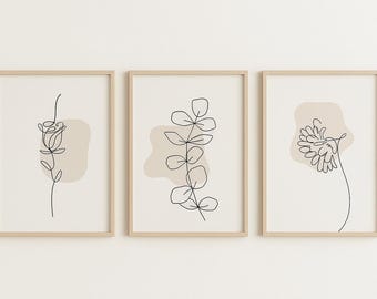 SEO friendly* Printable Wall Art Set of 3 Minimalist Line Drawing Botanical Prints Neutral Modern Home Decor Digital Download