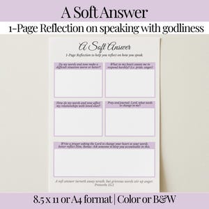 Könnte beinhalten: Ein druckbares Reflexionsblatt mit dem Titel "A Soft Answer" mit Aufforderungen zur Selbstreflexion über die Kommunikation. Das Blatt hat einen hellvioletten Rand und Text, einschließlich "1-Page Reflection on speaking with godliness". A4-Format.