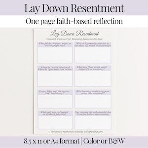 Op de afbeelding: Een op geloof gebaseerd reflectiewerkblad getiteld "Lay Down Resentment". Het witte papier heeft een lichtpaarse rand en bevat prompts voor zelfreflectie. De tekst bevat "One page faith-based reflection" en "8.5 x 11 or A4 format | Color or B&W."