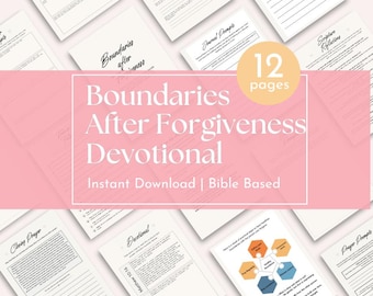 Pode incluir: Um devocional rosa e branco intitulado "Boundaries After Forgiveness Devotional" com o texto "Download instantâneo | Baseado na Bíblia". A imagem mostra 12 páginas de conteúdo, incluindo prompts de diário e reflexões bíblicas.