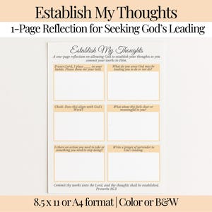 Könnte beinhalten: Ein weißes Reflexionsblatt im Format A4 oder 8,5 x 11 Zoll mit dem Titel "Establish My Thoughts". Das Blatt enthält Aufforderungen zum Gebet und zur Reflexion mit Platz zum Schreiben. Der Text ist schwarz, mit einem beigen Rand. Erhältlich in Farbe oder Schwarzweiß.