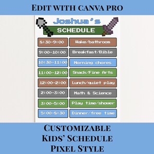 Pixel Schedule Template Digital Download Daily Planner for Children Routine Chart Game Inspired Block Style Customizable Organizer Time