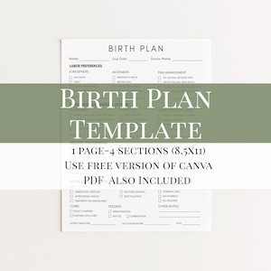 Plantilla de plan de parto digital (PDF, imprimible), guía de preparación para el parto en el hospital, documento editable en Canva, tabla de preferencias de parto, maternidad