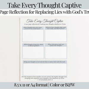 Op de afbeelding: Een wit reflectieblad van A4- of 8,5 x 11 inch formaat met de tekst "Take Every Thought Captive". Het blad heeft vier reflectievakken en de tekst "1-Page Reflection for Replacing Lies with God's Truth". Verkrijgbaar in kleur of Z/W.