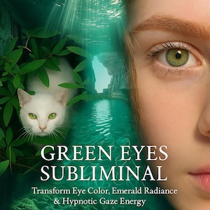 May include: A digital art image featuring a white cat with green eyes peering from green foliage. The image also shows a close-up of a green eye and text that reads "GREEN EYES SUBLIMINAL" with additional text below.