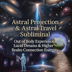 May include: Digital art featuring a cosmic scene with galaxies and a glowing figure. Text reads "Astral Projection & Astral Travel Subliminal" and "Out of Body Experience, Lucid Dreams & Higher Realm Connection Energy."