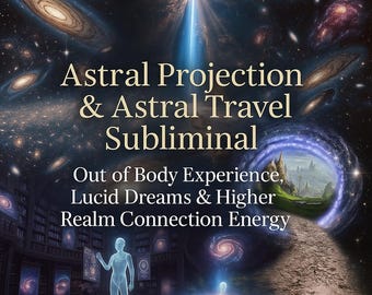 May include: Digital art featuring a cosmic scene with galaxies and a glowing figure. Text reads "Astral Projection & Astral Travel Subliminal" and "Out of Body Experience, Lucid Dreams & Higher Realm Connection Energy."