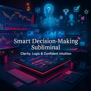 May include: A digital illustration featuring a workspace with multiple computer screens displaying financial data charts. The image includes the text "Smart Decision-Making Subliminal" and "Clarity. Logic & Confident intuition."