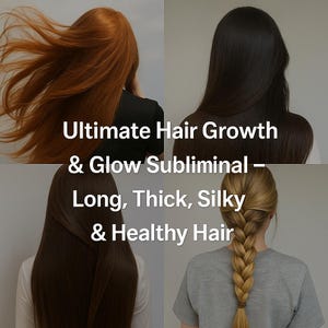 May include: A collage of four images showcasing different hair colors and styles. The images include red, black, and brown hair, and a blonde braid. Text overlay reads "Ultimate Hair Growth & Glow Subliminal - Long, Thick, Silky & Healthy Hair."