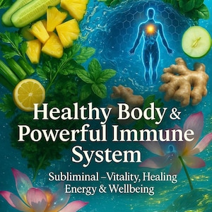 May include: An image promoting health and wellness, featuring fresh fruits, vegetables, and herbs arranged around a glowing human figure. Text reads "Healthy Body & Powerful Immune System" with additional text about vitality and healing.