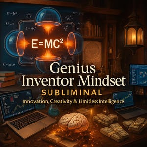 以下が含まれることがあります： E=MC²の数式と「Genius Inventor Mindset」と「SUBLIMINAL」の文字が描かれた芸術的なイラスト。ノートパソコン、脳の模型、お金の束、科学機器が薄暗い書斎に配置されています。イノベーションをテーマにした画像です。