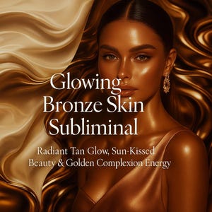 Può includere: Immagine di una donna con pelle bronzea e luminosa. Il testo "Glowing Bronze Skin Subliminal" è visualizzato in bianco, insieme alle frasi "Radiant Tan Glow, Sun-Kissed Beauty & Golden Complexion Energy". Lo sfondo è un mix di oro e bronzo.