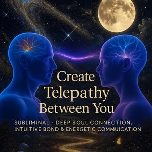 Può includere: Illustrazione digitale con due sagome umane blu che si fronteggiano, collegate da un fascio di energia viola. Il testo recita "Create Telepathy Between You". Il testo in basso descrive l'immagine come "Subliminal - Deep Soul Connection, Intuitive Bond & Energetic Communication."