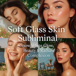 Op de afbeelding: Een collage met vier afbeeldingen van vrouwen met een stralende huid. De tekst "Soft Glass Skin Subliminal" is over de afbeeldingen geplaatst. Extra tekst luidt "Snow White Glow, Beauty & Radiant Complexion".