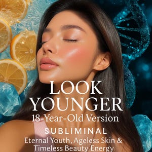 May include: A woman with closed eyes and glowing skin is featured in a promotional image. The text "LOOK YOUNGER" and "18-Year-Old Version" are displayed. The image also includes the words "SUBLIMINAL" and "Eternal Youth, Ageless Skin & Timeless Beauty Energy".