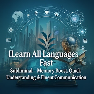 May include: Digital artwork with the text "ILearn All Languages Fast" displayed over an open book. The image incorporates a cityscape, a globe, and other graphics in blue and teal, promoting language learning.