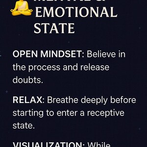 Może przedstawiać: Obraz z tekstem o stanie psychicznym i emocjonalnym. Zawiera ż&oacute;łtą ilustrację medytującej postaci. Tekst zawiera "Open Mindset", "Relax" i "Visualization" z instrukcjami.
