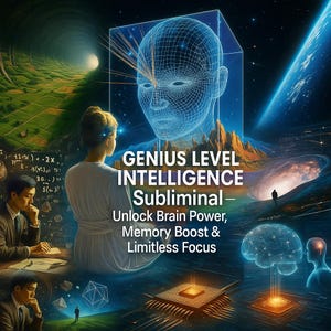 May include: An artistic digital illustration with the text "GENIUS LEVEL INTELLIGENCE Subliminal - Unlock Brain Power, Memory Boost & Limitless Focus." The image features a wireframe human head, a person looking at a glowing brain, and other abstract elements.