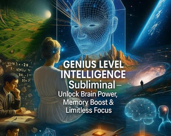 Könnte beinhalten: Digitale Illustration mit dem Text "GENIUS LEVEL INTELLIGENCE Subliminal - Unlock Brain Power, Memory Boost & Limitless Focus." Das Bild zeigt einen Drahtgitterkopf, eine Person, die auf ein leuchtendes Gehirn blickt, und andere abstrakte Elemente.