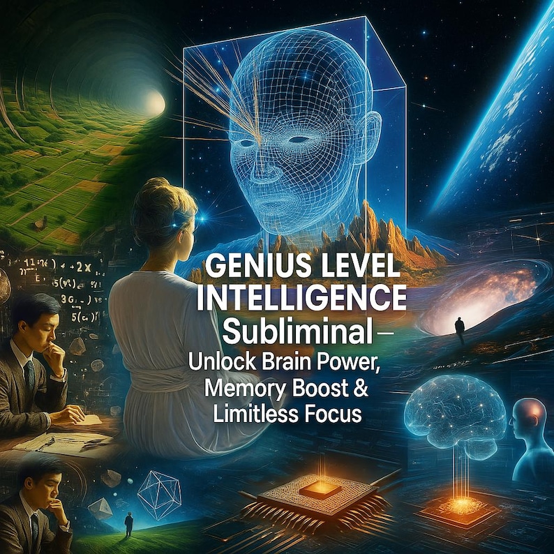 Może przedstawiać: Cyfrowa ilustracja z tekstem "GENIUS LEVEL INTELLIGENCE Subliminal - Unlock Brain Power, Memory Boost & Limitless Focus." Obraz przedstawia drucianą głowę, osobę patrzącą na świecący m&oacute;zg i inne abstrakcyjne elementy.