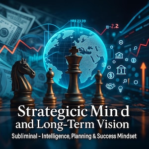 Peut inclure: Illustration numérique avec des pièces d'échecs sur un échiquier, un globe bleu brillant et des graphiques financiers en arrière-plan. Le texte dit "Strategic Mind and Long-Term Vision". L'image évoque la stratégie, la planification et le succès.