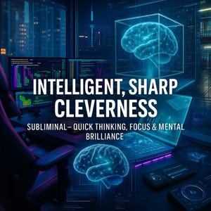 May include: A digital illustration featuring a glowing brain inside a transparent cube, with the words "INTELLIGENT, SHARP, CLEVERNESS" in white. The image also includes a laptop, computer screens displaying data, and the text "SUBLIMINAL - QUICK THINKING, FOCUS & MENTAL BRILLIANCE."