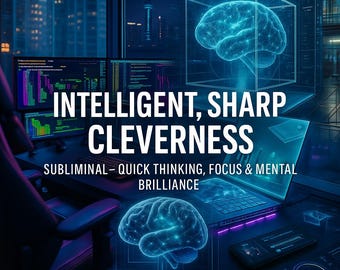 Może przedstawiać: Cyfrowa ilustracja przedstawiająca świecący mózg w przezroczystej kostce. Tekst brzmi "INTELLIGENT, SHARP, CLEVERNESS" i "SUBLIMINAL - QUICK THINKING, FOCUS & MENTAL BRILLIANCE". Obraz zawiera również laptopa i ekrany komputerów.