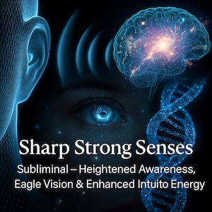 May include: Digital art featuring a glowing blue brain, eye, and DNA strand against a dark background. Text reads "Sharp Strong Senses" and "Subliminal - Heightened Awareness, Eagle Vision & Enhanced Intuito Energy."
