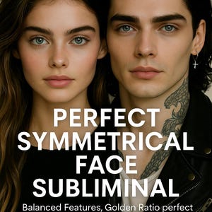 May include: Image featuring two people with symmetrical facial features and light eyes. The text overlay reads "PERFECT SYMMETRICAL FACE SUBLIMINAL" with additional text below. The image has a soft, natural aesthetic.