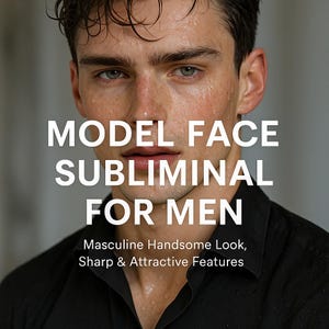 Puede incluir: Primer plano del rostro de una persona con el texto "MODEL FACE SUBLIMINAL FOR MEN". La persona tiene la piel clara, ojos verdes y lleva una camisa negra. El texto de abajo dice "Masculine Handsome Look, Sharp & Attractive Features".