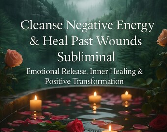 May include: An image with text that reads "Cleanse Negative Energy & Heal Past Wounds Subliminal Emotional Release, Inner Healing & Positive Transformation." The image shows a dark pool of water with rose petals and lit candles, with a forest background.