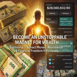 May include: Image with text that reads "BECOME AN UNSTOPPABLE MAGNET FOR WEALTH". Bundles of US dollar bills and Euro bills are visible. A digital display shows a net worth of £962,403,678.51.