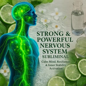 Può includere: Illustrazione digitale di una figura umana con un sistema nervoso verde brillante. Il testo recita "STRONG & POWERFUL NERVOUS SYSTEM SUBIMINAL" con testo aggiuntivo sulla calma mentale e la stabilità interiore. Lime e fiori sono presenti.