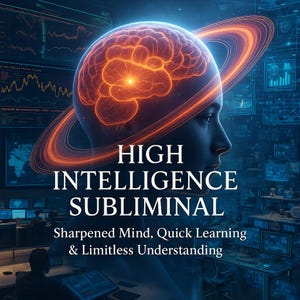 May include: Digital art featuring a glowing brain encircled by orange rings, set against a dark blue background with computer screens. Text reads "HIGH INTELLIGENCE SUBLIMINAL" and "Sharpened Mind, Quick Learning & Limitless Understanding."