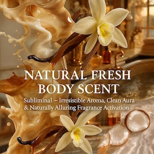 May include: An artistic composition featuring vanilla flowers, vanilla beans, and a splash of creamy liquid. The text reads "NATURAL FRESH BODY SCENT" with additional text about aroma and fragrance.