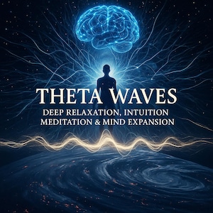 Puede incluir: Ilustración digital con un cerebro azul brillante y una silueta humana. El texto "THETA WAVES" se destaca, con "DEEP RELAXATION, INTUITION, MEDITATION & MIND EXPANSION" debajo. El fondo es una escena cósmica estrellada.