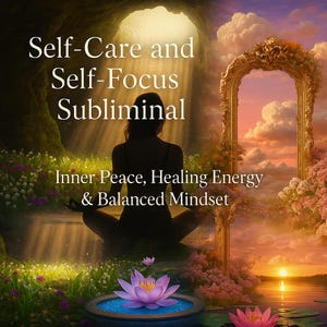 May include: Digital art featuring a silhouette of a person meditating in a serene landscape. The image includes text that reads "Self-Care and Self-Focus Subliminal" and "Inner Peace, Healing Energy & Balanced Mindset". The scene is filled with lush greenery, flowers, and a golden-framed mirror.