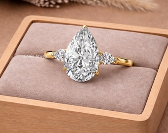 Anillo de compromiso de moissanita con corte de pera, anillo nupcial de tres piedras con piedras laterales de pera, anillo de bodas solitario de diamantes para ella,