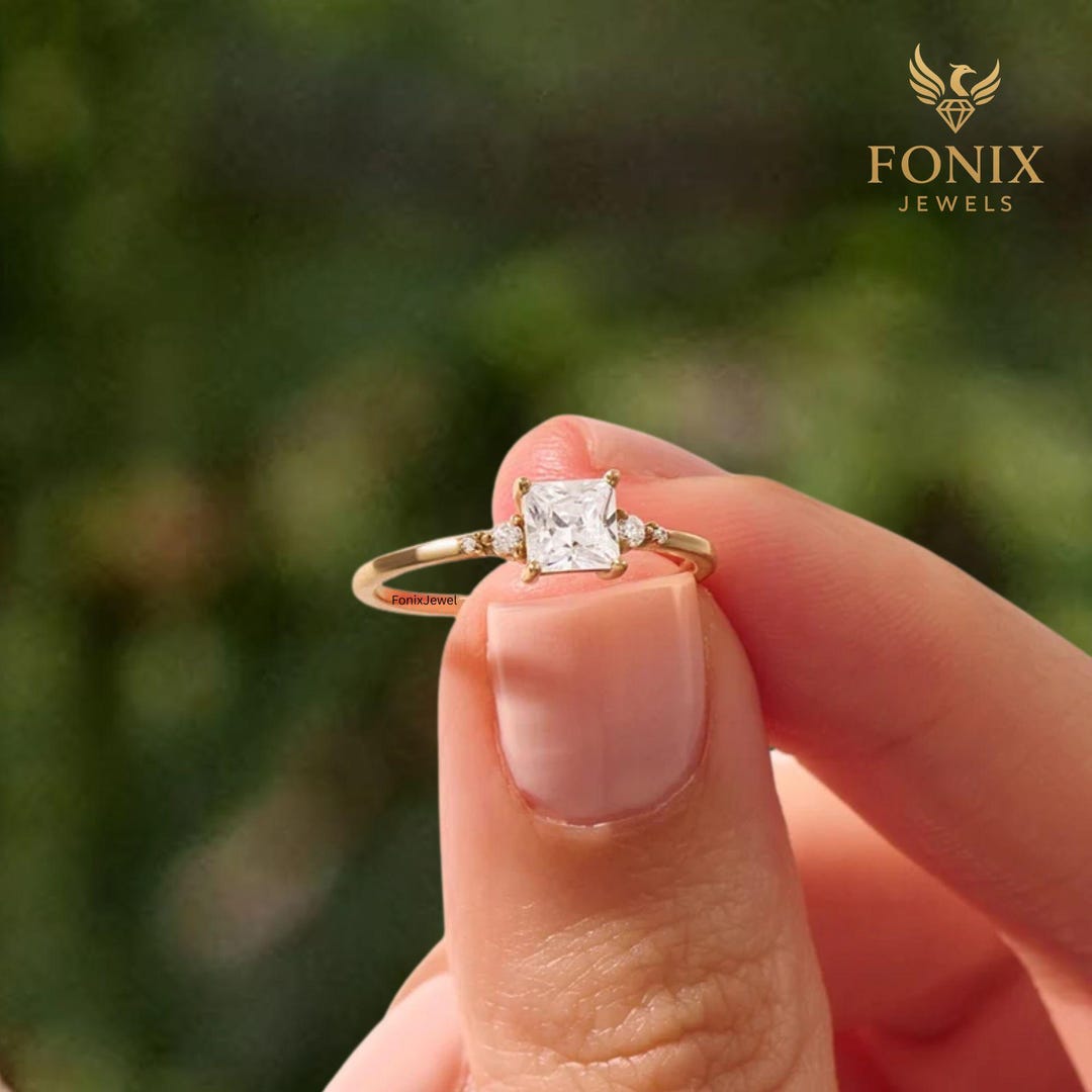 Simple Solitaire Rong 1.00 CT 14k Solid Gold Princess Cut Moissanite Engagement Ring, Simple ...