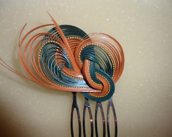 Authentic Vintage Orange And Green Knotted Cane Silver Hair Comb