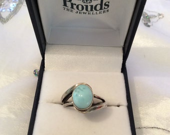Authentic Vintage RARE NATURAL LARIMAR Round Solitaire Sterling Silver 925 Ring, Birthday, Engagement, Promise, Friendship, Free Postage.