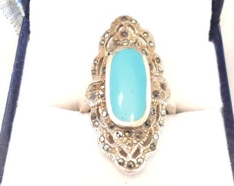 Authentic Vintage LARGE TURQUOISE And MARCASITE Sterling Silver 925 Statement Ring, Friendship, Promise, Birthday, Free Postage.