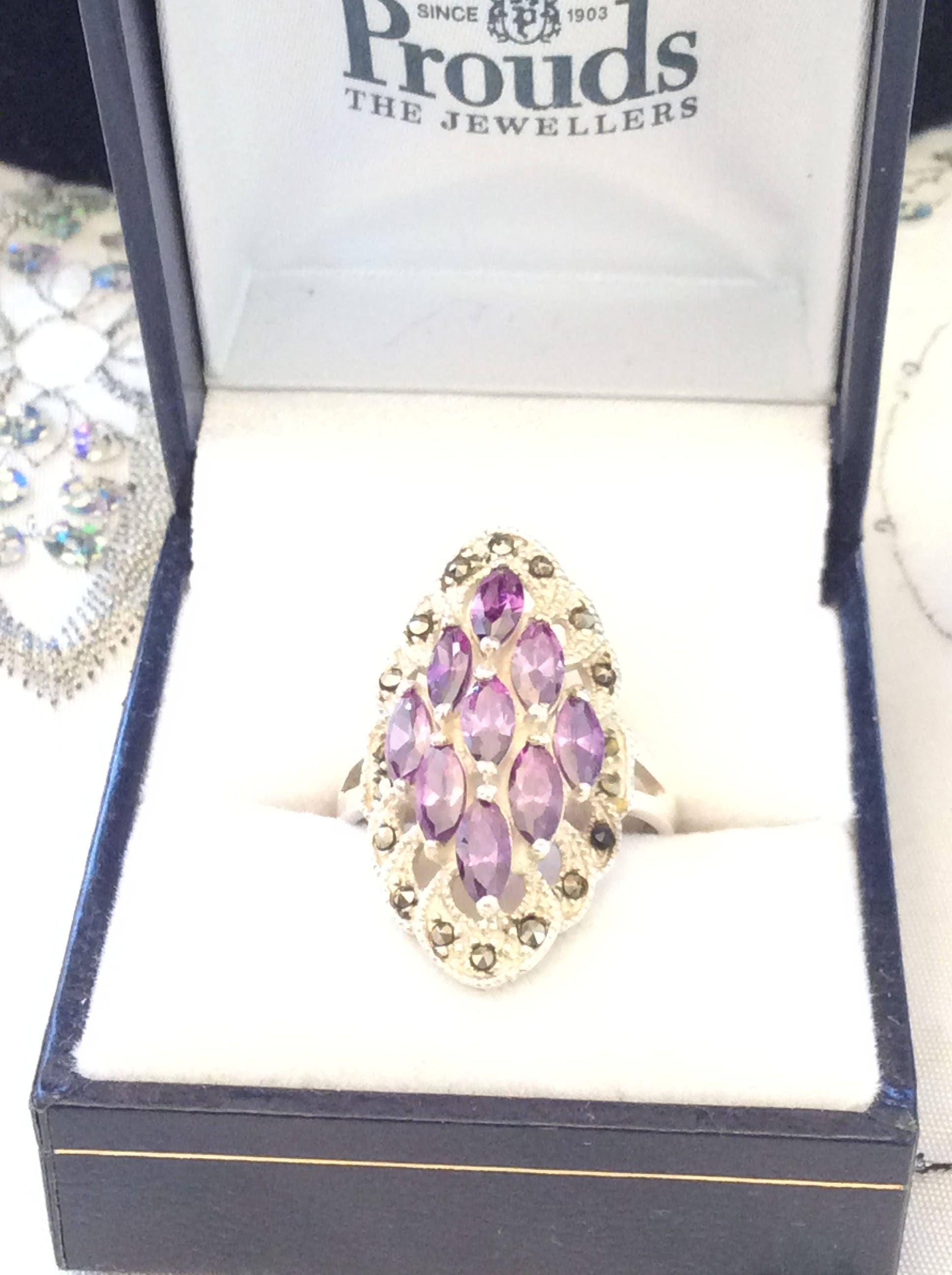 Authentic Vintage LARGE Amethyst and Marcasite Sterling Silver 925 Ring Engagement Promise Birthday Friendship Free Postage. Etsy